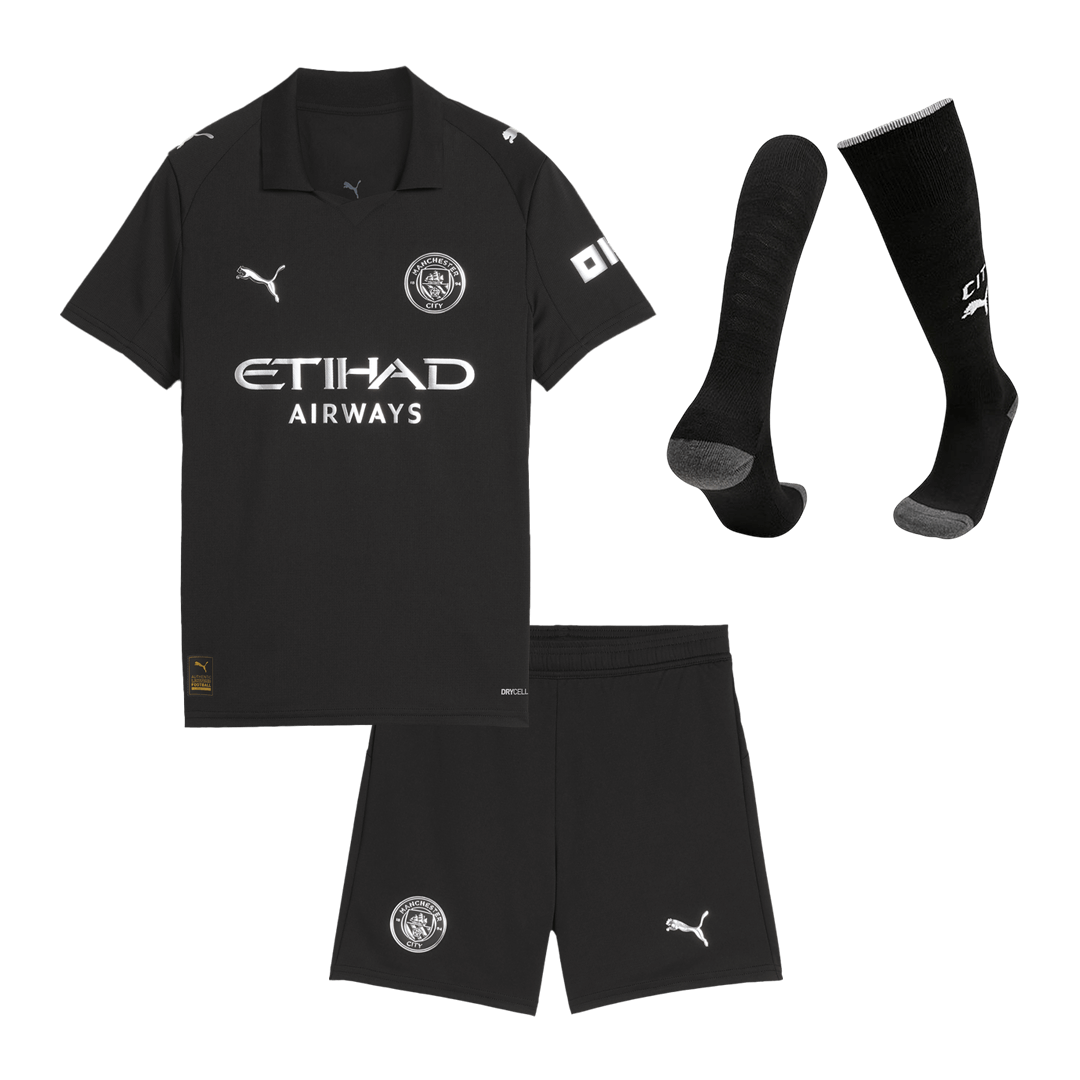 Παιδική φανέλα ποδοσφαίρου Manchester City εκτός έδρας (φανέλα+σορτς+κάλτσες) 2025/26 μαύρη